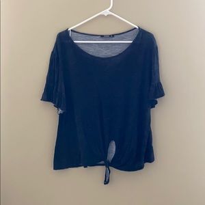 Heathered Black Tie Front Ruffle Sleeve Top